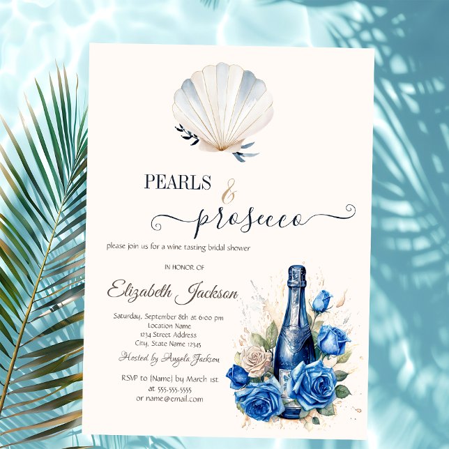 Convites Blue Wine Roses Seashell Pearls & Prosecco  (Criador carregado)