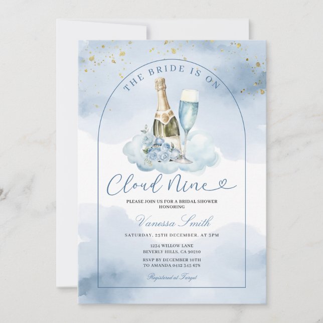 Convites Blue Wine The Bride is Cloud Nine Bridal Shower (Frente)