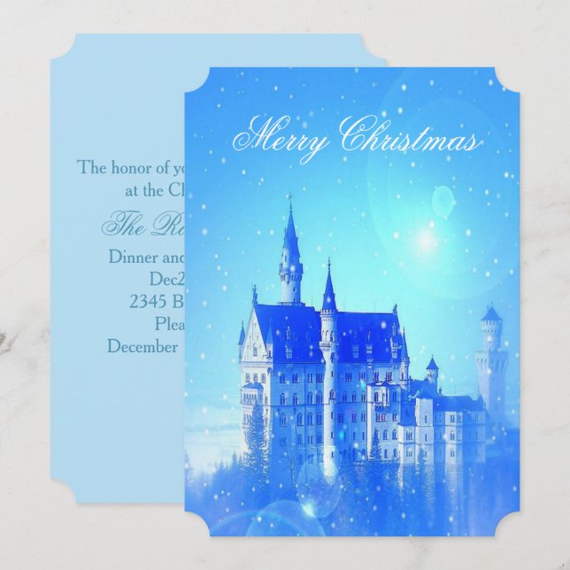 Convites Blue Winter Castle Snowflakes Festa de Natal (Frente/Verso)