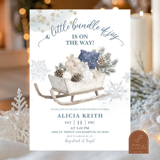 Convites Blue Winter Christmas Sleigh Baby Shower (Criador carregado)
