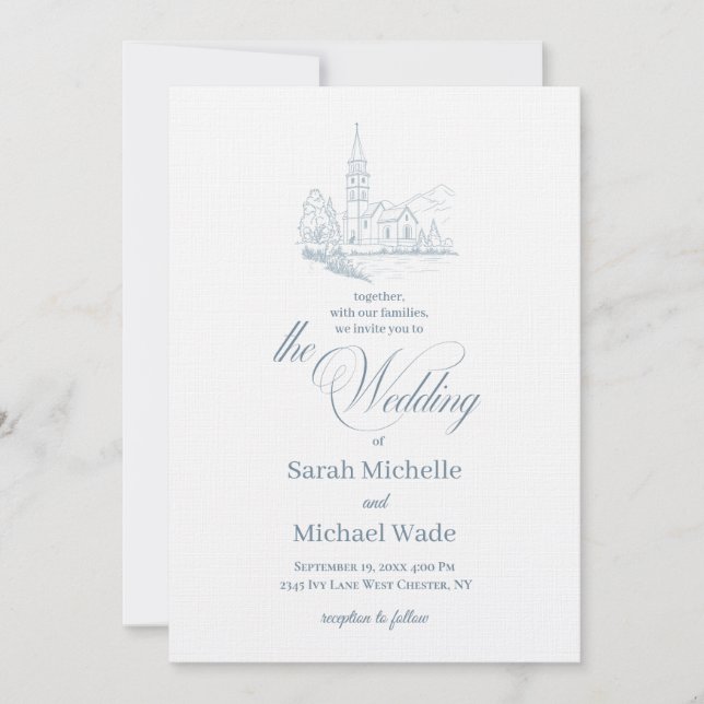 Convites Blue Winter Church Calligraphy Wedding Invitation (Frente)