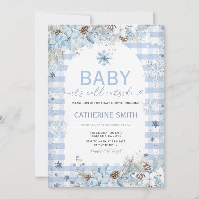 Convites Blue Winter Flowers  Baby Shower Snowflakes (Frente)