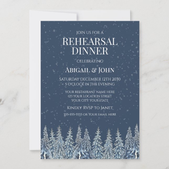 Convites Blue Winter Forest Rustic Rehearsal Dinner (Frente)