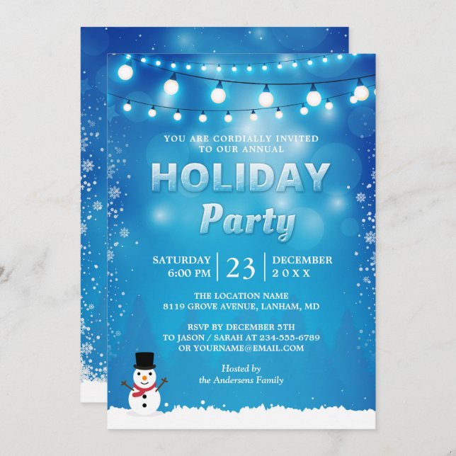 Convites Blue Winter Holiday Party String Lights Snowflakes (Frente/Verso)
