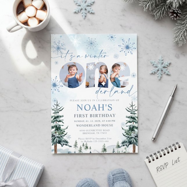 Convites Blue Winter Onederland Boy Bday Photo Invitation (Criador carregado)