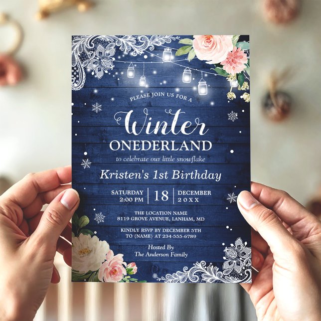 Convites Blue Winter Onederland Floral Baby Primeiro Aniver (Criador carregado)