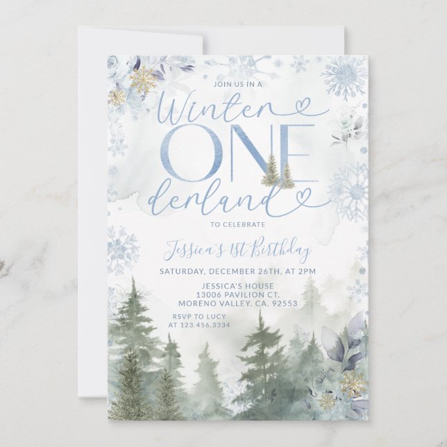 Convites Blue Winter Onederland Forest Snowfall Birthday (Frente)