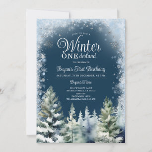Convites Blue Winter Onederland Silver Snowflakes Aniversár