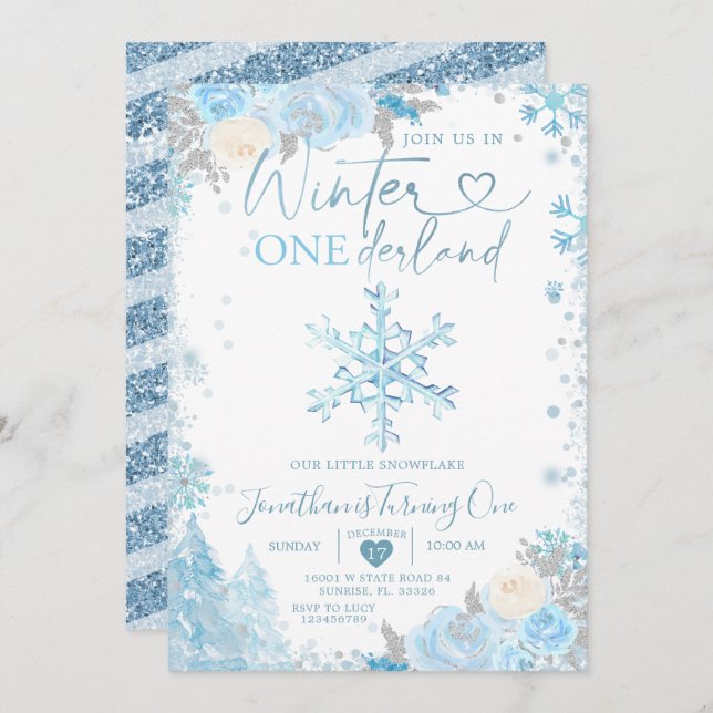 Convites Blue Winter Onederland Snowflake primeiro aniversa (Frente/Verso)