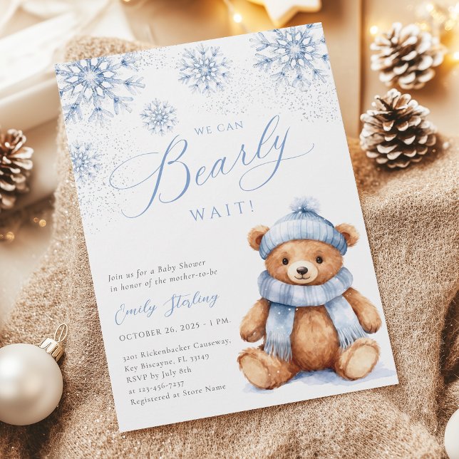 Convites Blue Winter Teddy Bear Baby Shower Invitation (Criador carregado)