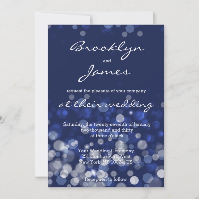 Convites Blue Winter Themed Wedings Bokeh (Frente)