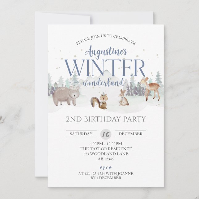 Convites Blue Winter Wonderland Birthday, segundo aniversár (Frente)