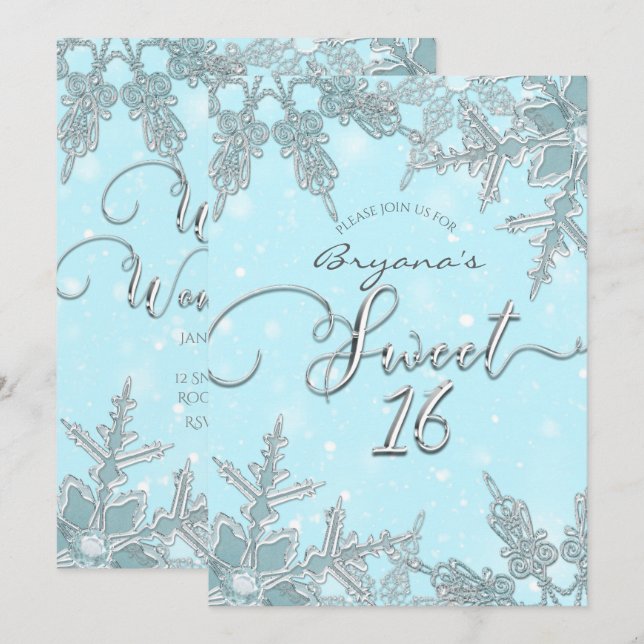 Convites Blue Winter Wonderland Elegant Snowflakes Sweet 16 (Frente/Verso)