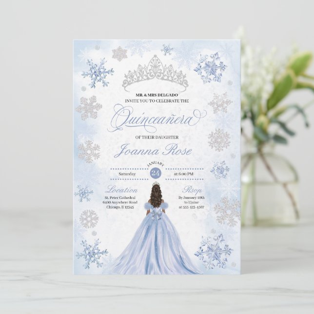 Convites Blue Winter Wonderland Snowflake Quinceanera (Em pé/Frente)