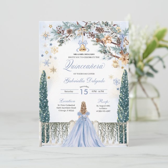 Convites Blue Winter Wonderland Snowflake Quinceanera (Em pé/Frente)