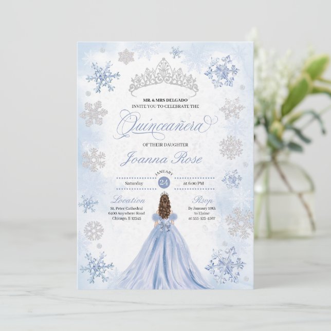 Convites Blue Winter Wonderland Snowflake Quinceanera (Em pé/Frente)