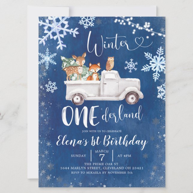 Convites Blue Winter Woodland Truck First Birday Invite (Frente)