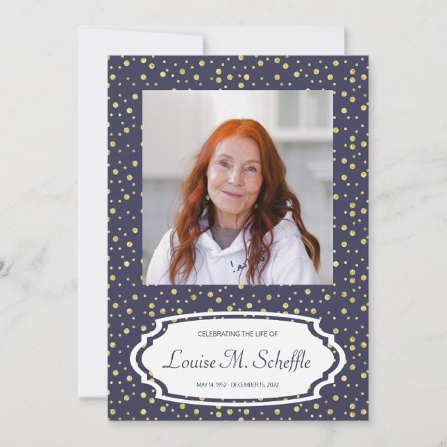 Convites Blue with Dourado Dots Celebration of Life Memoria (Frente)