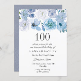Convites Blue Wonderland Cinza Flower 100th Birthday Invite