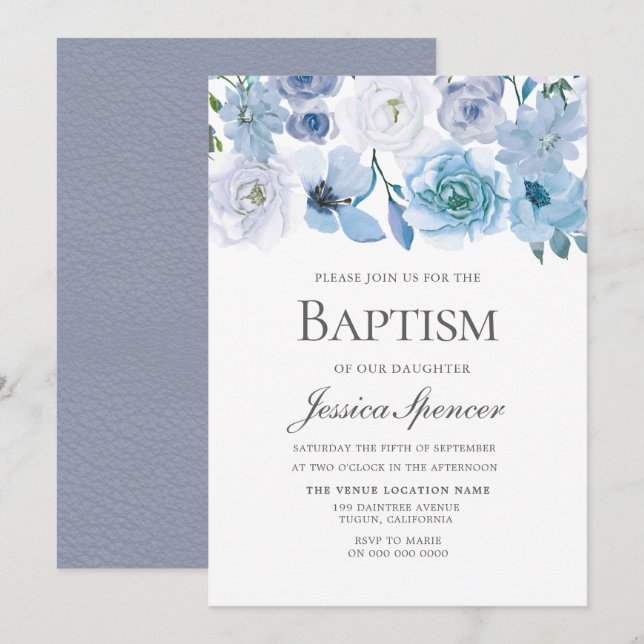 Convites Blue Wonderland Cinza Flower Baptism Invite (Frente/Verso)