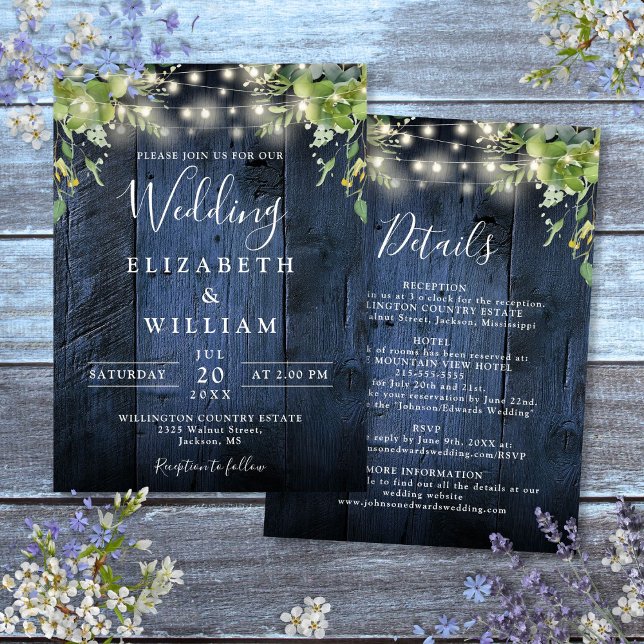 Convites Blue Wood String Light Greenerence Details Casamen (Blue Wood String Light Greenery Details Wedding Invitation)