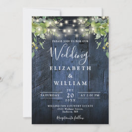 Convites Blue Wood String Luzes verdes Código QR Casamento