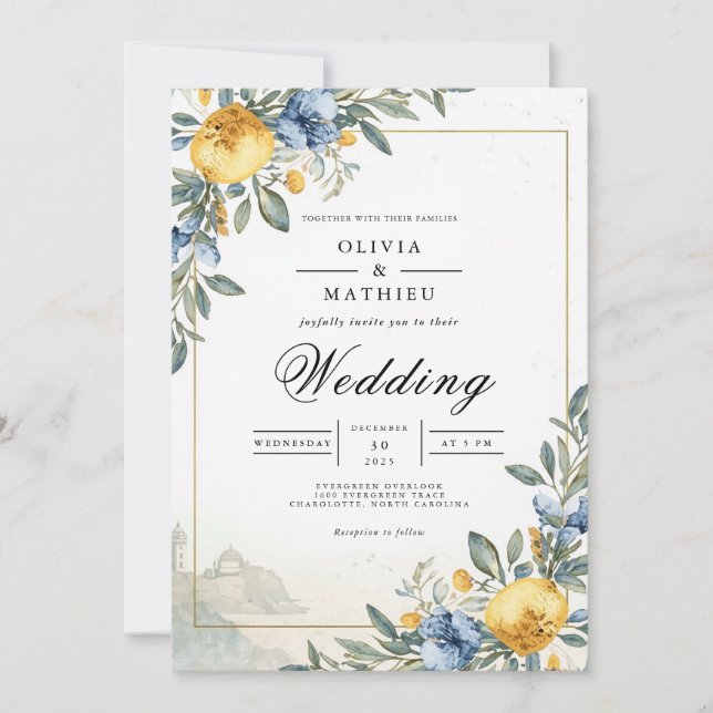 Convites Blue Yellow Botanical Arch Wedding (Frente)