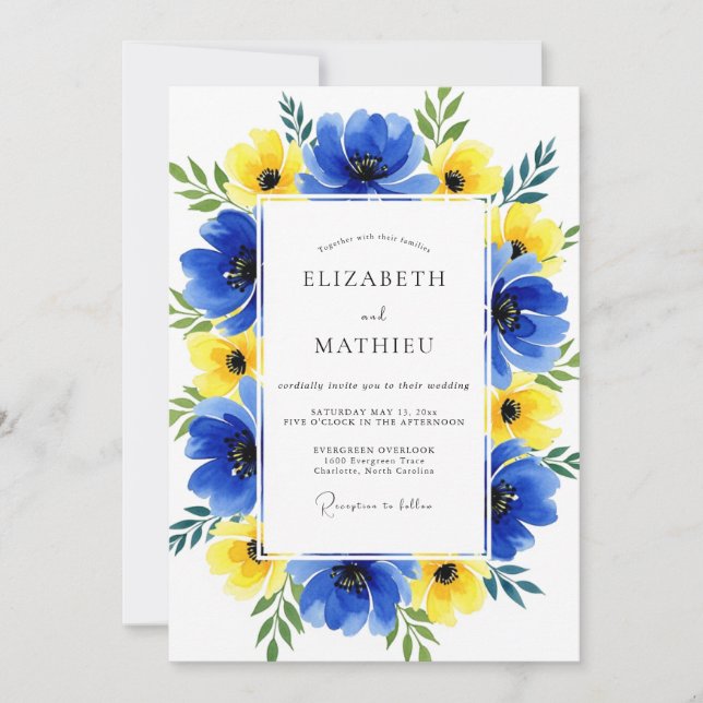 Convites Blue Yellow Floral Whimsy Wedding (Frente)