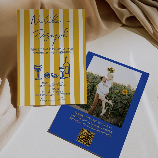 Convites Blue Yellow Hand Written Photo QR Code Wedding (Criador carregado)
