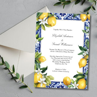 Convites Blue Yellow Lemon Mediterranean Tile Wedding