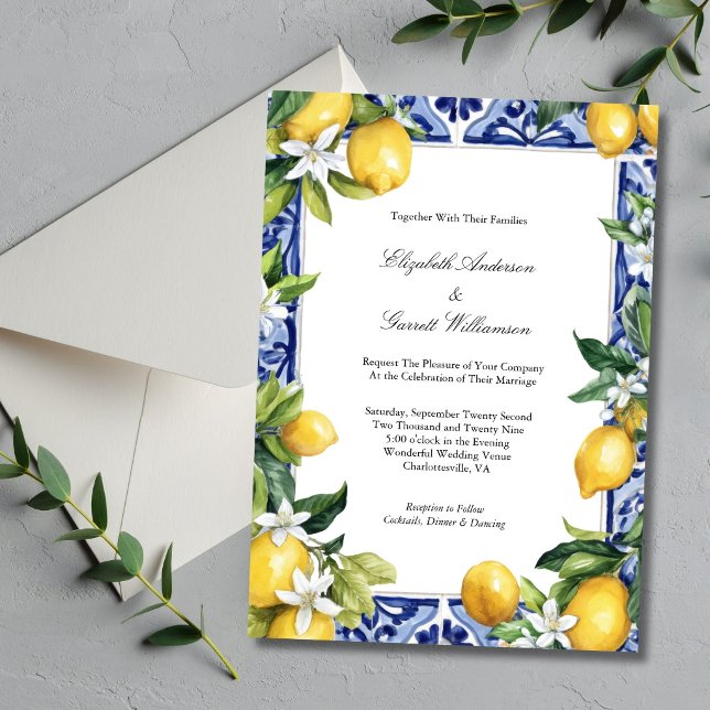 Convites Blue Yellow Lemon Mediterranean Tile Wedding (Blue Yellow Lemons Mediterranean Tile Italian Wedding Theme Invitation. Printed or Digital Download)
