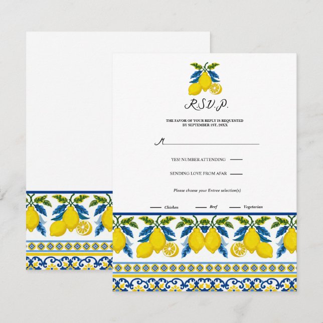 Convites Blue Yellow Lemon Watercolor Mediterranean RSVP (Frente/Verso)