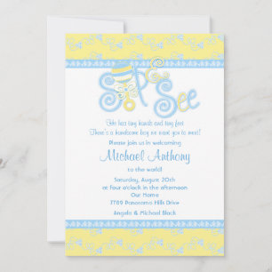 Convites Blue Yellow Rattle Lace Sip N Ver Chá de fraldas