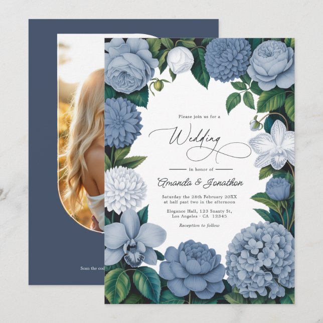 Convites Bluebell Haze, Pale Delft & Cloud White Wedding (Frente/Verso)