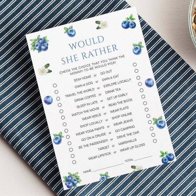 Convites Blueberry Baby Shower Would She Rather Game Card (Criador carregado)