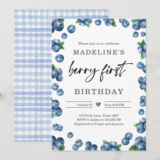 Convites Blueberry Berry Sweet 1rua Primeiro Aniversário (Frente/Verso)