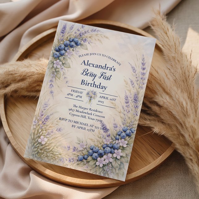 Convites Blueberry Botanical Berry Theme 1st Birthday (Criador carregado)