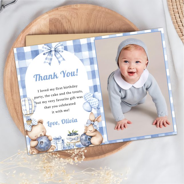 Convites Blueberry Gingham Birthday Party Thank You Card (Criador carregado)