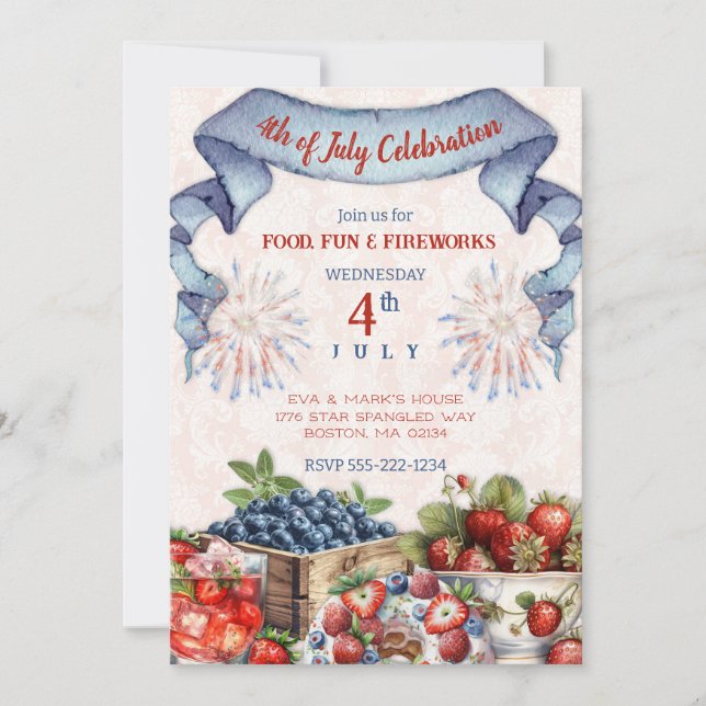 Convites Blueberry Morango Old Fashioned BBQ 4 de Julho (Frente)
