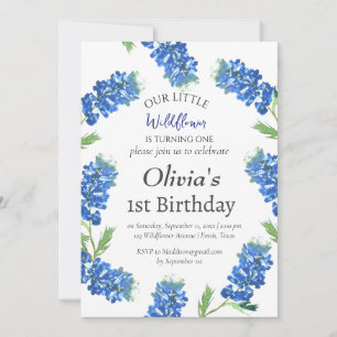Convites Bluebonnets 1rua Primeiro Aniversário Azul Floral