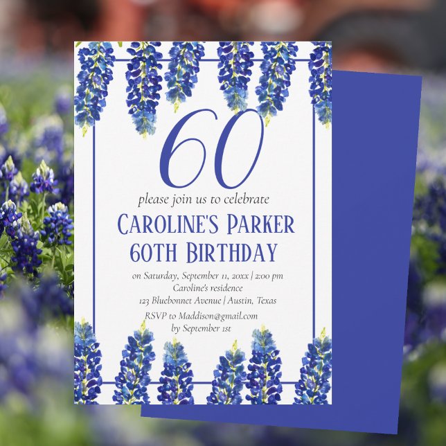 Convites Bluebonnets 60º Aniversário Blue Floral Texas (Criador carregado)
