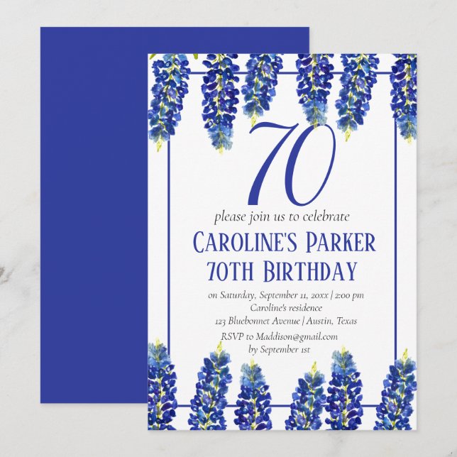 Convites Bluebonnets 70 Birthday Blue Floral Texas (Frente/Verso)