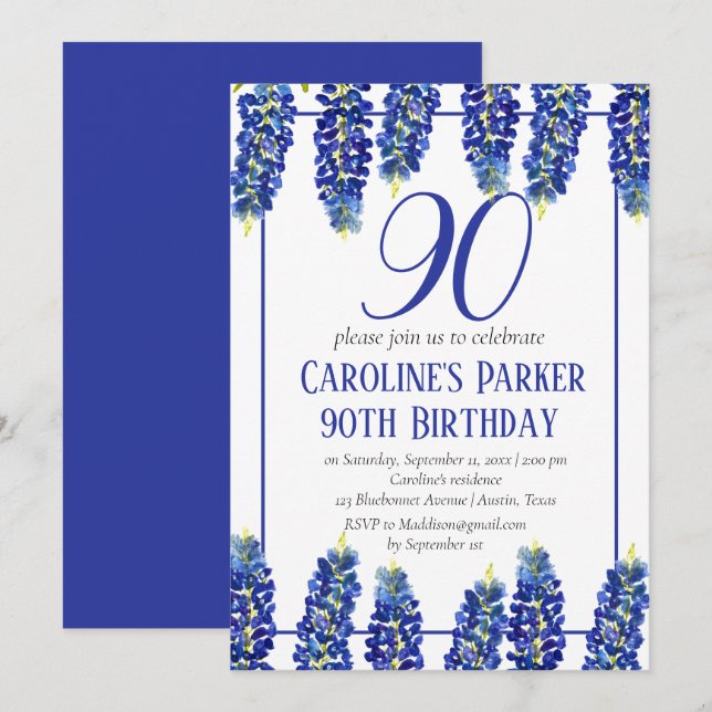 Convites Bluebonnets 90 Birthday Blue Floral Texas (Frente/Verso)