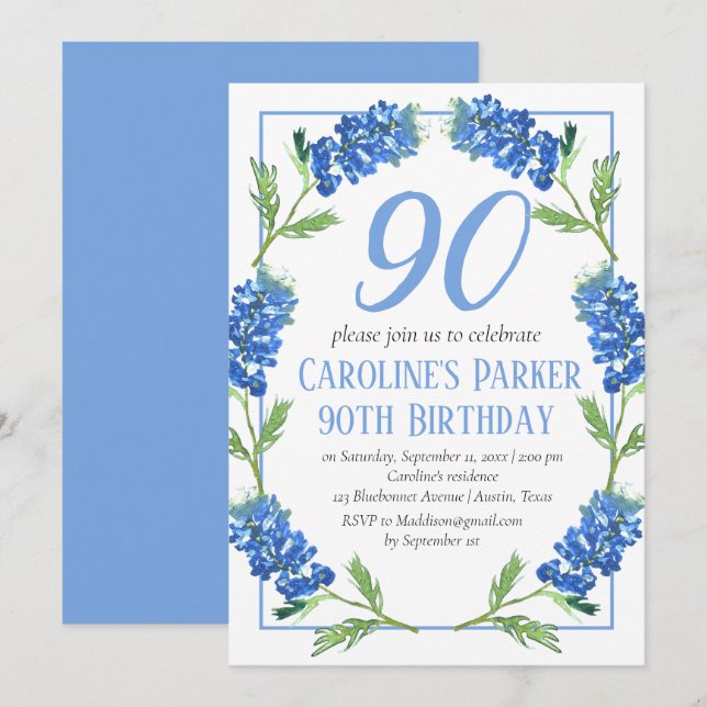 Convites Bluebonnets 90 Birthday Blue Floral Texas (Frente/Verso)