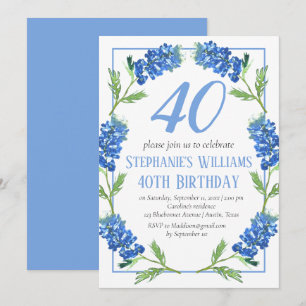 Convites Bluebonnets aniversário de 40 anos Blue Floral Tex