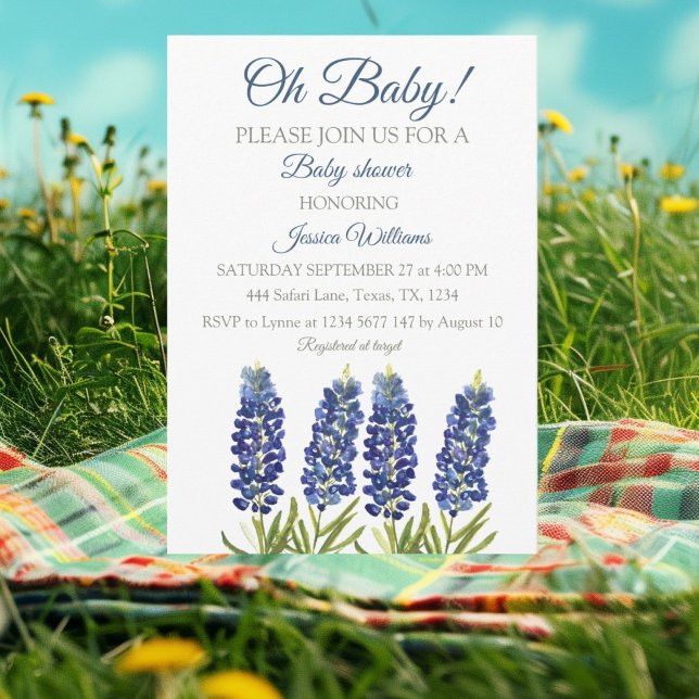 Convites Bluebonnets Blue Floral Watercolor Texas Baby boy (Criador carregado)