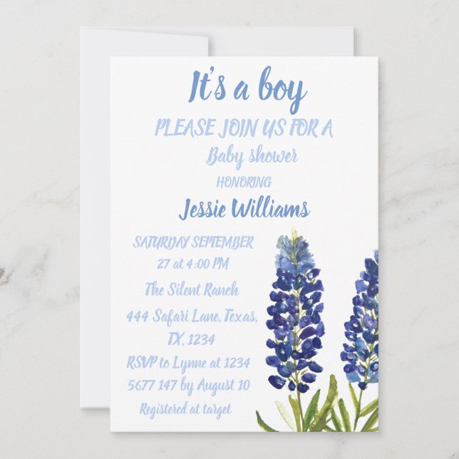 Convites Bluebonnets Texas Floral Rustic Baby chá (Frente)