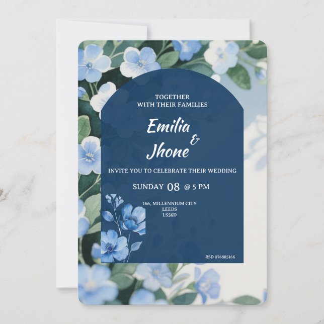Convites Bluish Floral Romantic Wedding Card (Frente)