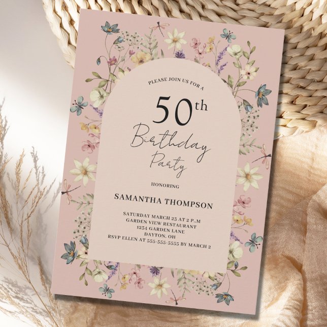 Convites Blush 50th Birthday Floral Wildflower Invitation (Criador carregado)