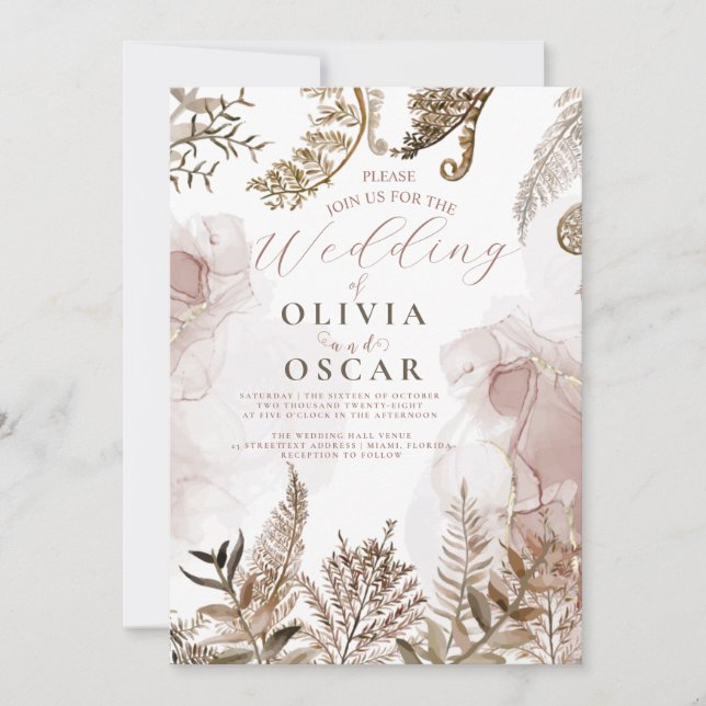 Convites Blush and Gold Pampas Grass Floral Wedding Invitat (Frente)